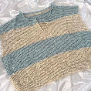 Illa Illa Blue Cream Striped Knit Sweater Vest Notched V-Neck Size M RM8028